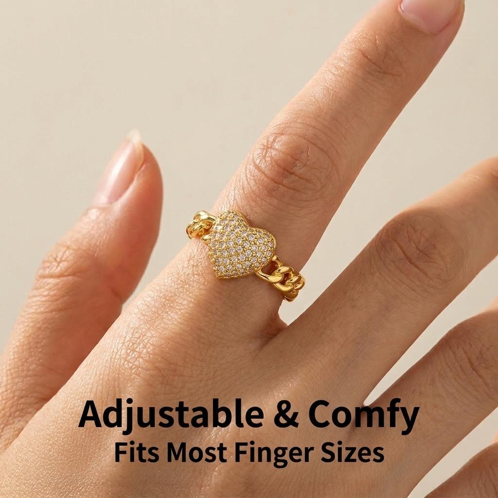 Exquisite Micro Paved CZ Heart Ring, Gold Plated Non Tarnish Adjustable Open Ring, Elegant Statement Ring for Dating & Daily Wear