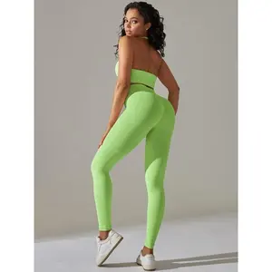 Women's Solid Crop Sports Vest & High Waist Leggings Tracksuit Set, Sporty Casual Breathable Comfortable Outfits for Yoga Gym Workout Running, Ladies Sportswear for All Seasons