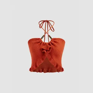 Cider [size 2-10] Halter Beaded Lettuce Trim Crop Top