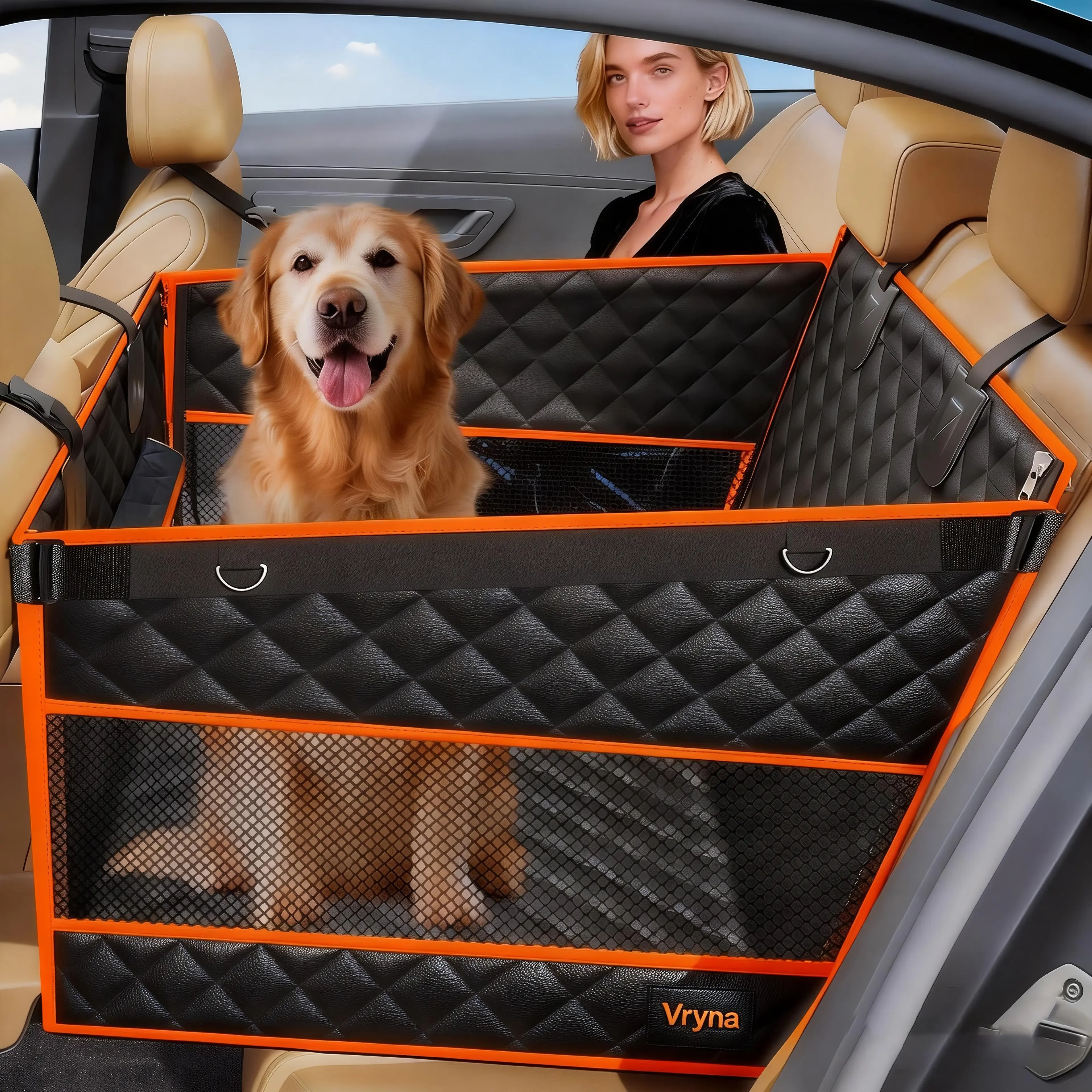 Dog Car Hammock Basket for Large-Medium Dogs - Hard-Floor Vehicle Compatible, Heavy-Duty Waterproof, Breathable Seat Covers, 2 Mesh Windows, Storage Bag, Flip Straps, Fit for Cars, SUVs, Animal Carrier