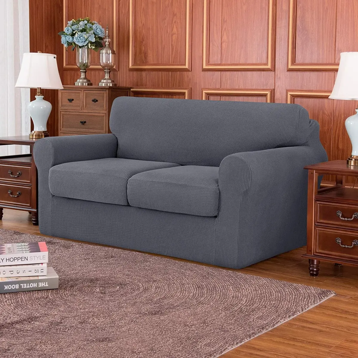 3-Piece High Spandex Textured Grid Sofa Slipcover, Separate Cushion Cover(Gray, Loveseat)
