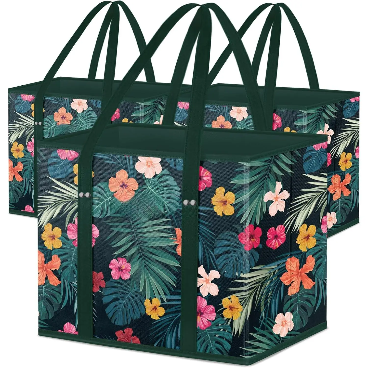 3-Pack Large Size Reusable Grocery Bags, Foldable Shopping Bags with Reinforced Bottom & Handles, Ideal for Grocery Storage (Blossom Season), Three-Pack