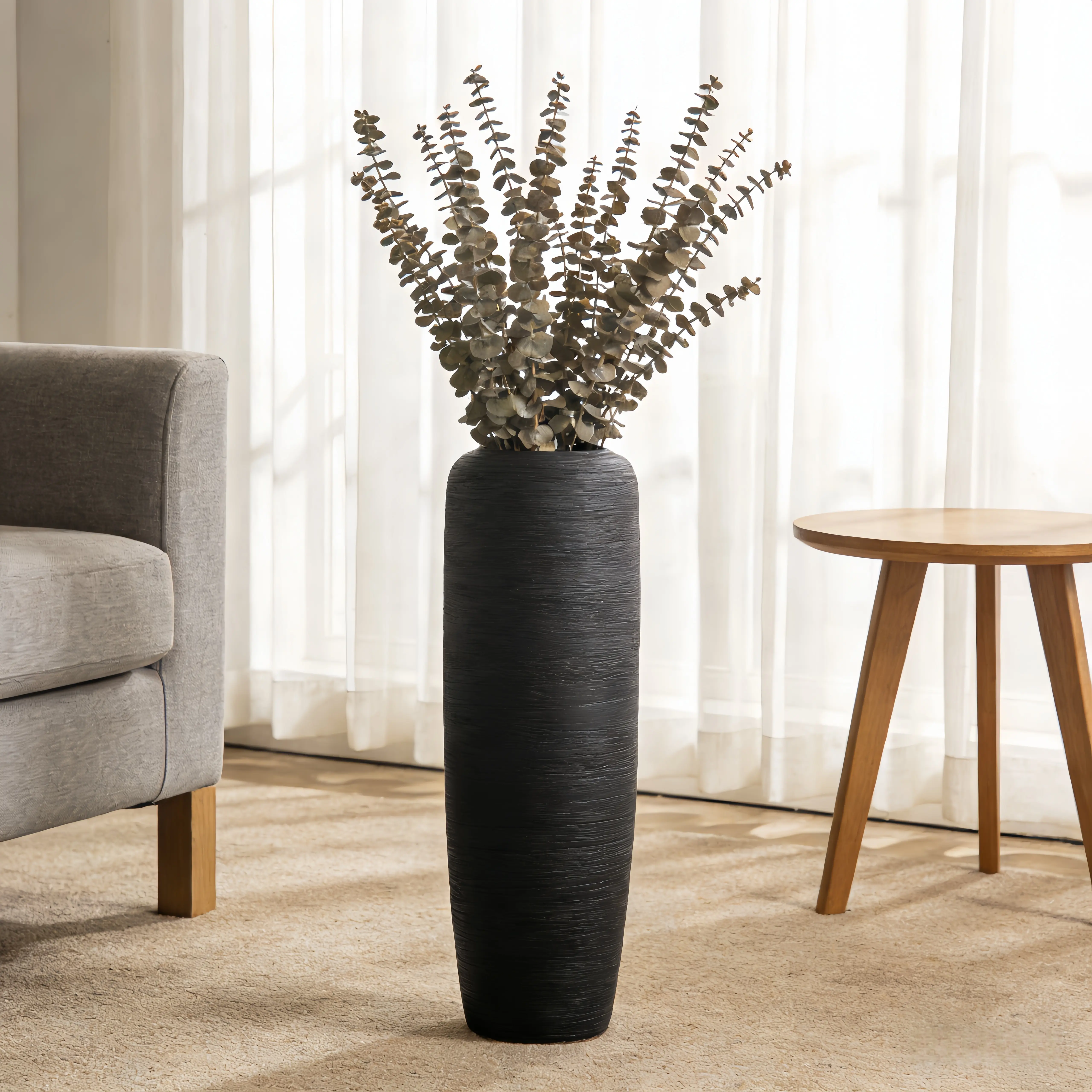 Large Black Ceramic Floor Vase, Matte Textured Pottery for Pampas Grass, Vintage Rustic Living Room Entryway or Coffee Table Decor, Housewarming Gift