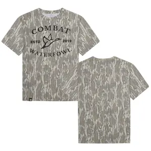 Black Combat Waterfowl Designed On Original Bottomland Pattern Tshirt, Mossy Oak Combat Waterfowl Bottomland Camouflage Camo Tee