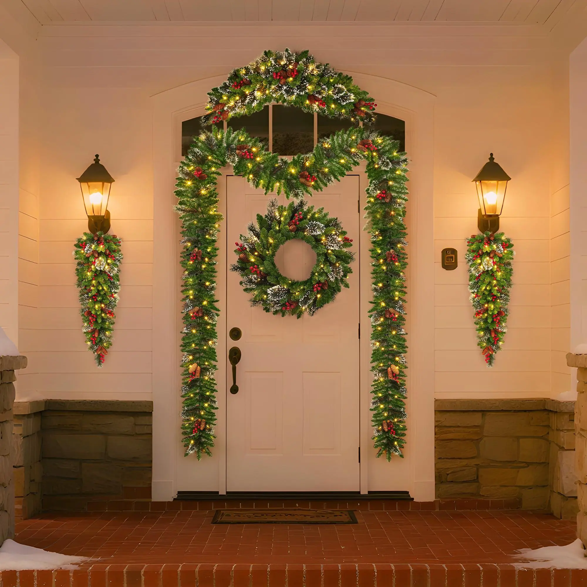 Pre-Lit LED Artificial Christmas Garlands Set of 6 - 2 Long Garlands, 2 Teardrop Decorations, 1 Wreath & 1 Arc Garland with Pine Cones & Berries