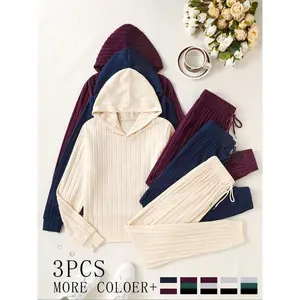 Women’s Homecoming Set, 6-Piece Long-Sleeve Hoodie Top & Ankle-Length Pants, Ribbed Brushed Fabric, Casual Comfortable Daily Wear, Winter Wear