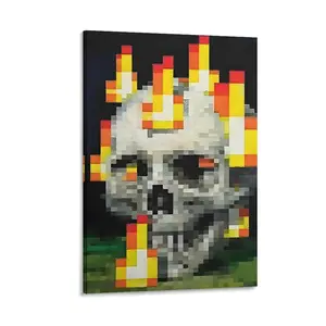 Vivid Pixel Skull Flame Canvas Poster, Art Decor Style, Indoor Wall Art, Posters And Prints, Suitable As Art Wall Painting for Bedroom, Office, Living Room, Cafe