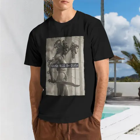 Mythology Inspired T-Shirt "Girls Will Be Girls" with Medusa Figure Half Sleeve Crew Neck Casual Rock Style 100% Cotton Oversized Fit - Classic