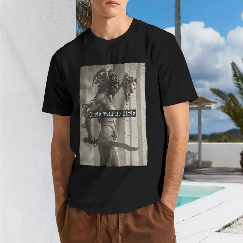 Mythology Inspired T-Shirt "Girls Will Be Girls" with Medusa Figure Half Sleeve Crew Neck Casual Rock Style 100% Cotton Oversized Fit - Classic