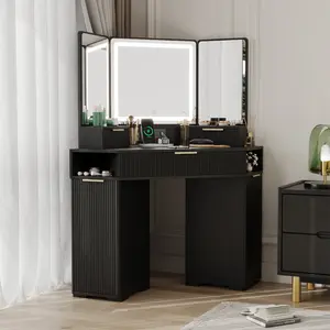 Sleek Black Corner Makeup Vanity Desk with LED Lighted Mirror, Stylish Fluted Design Featuring Built-in Charging Station, Drawers & Storage Cabinets for Bedroom