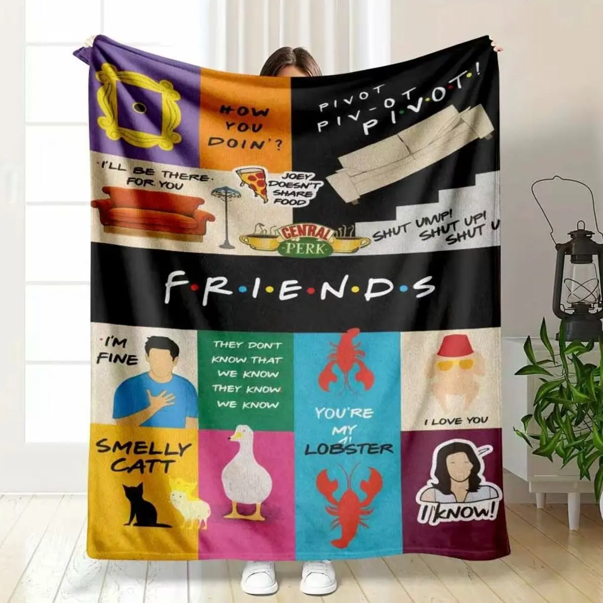 Friends TV Show Retro Flannel Throw Blanket - Soft Flannel Fabric, TV Quote Print (You're My Lobster, Smelly Cat, Pivot, Central Perk), 90s Sitcom Aesthetic Best Friend Gift for Sofa, Bedroom