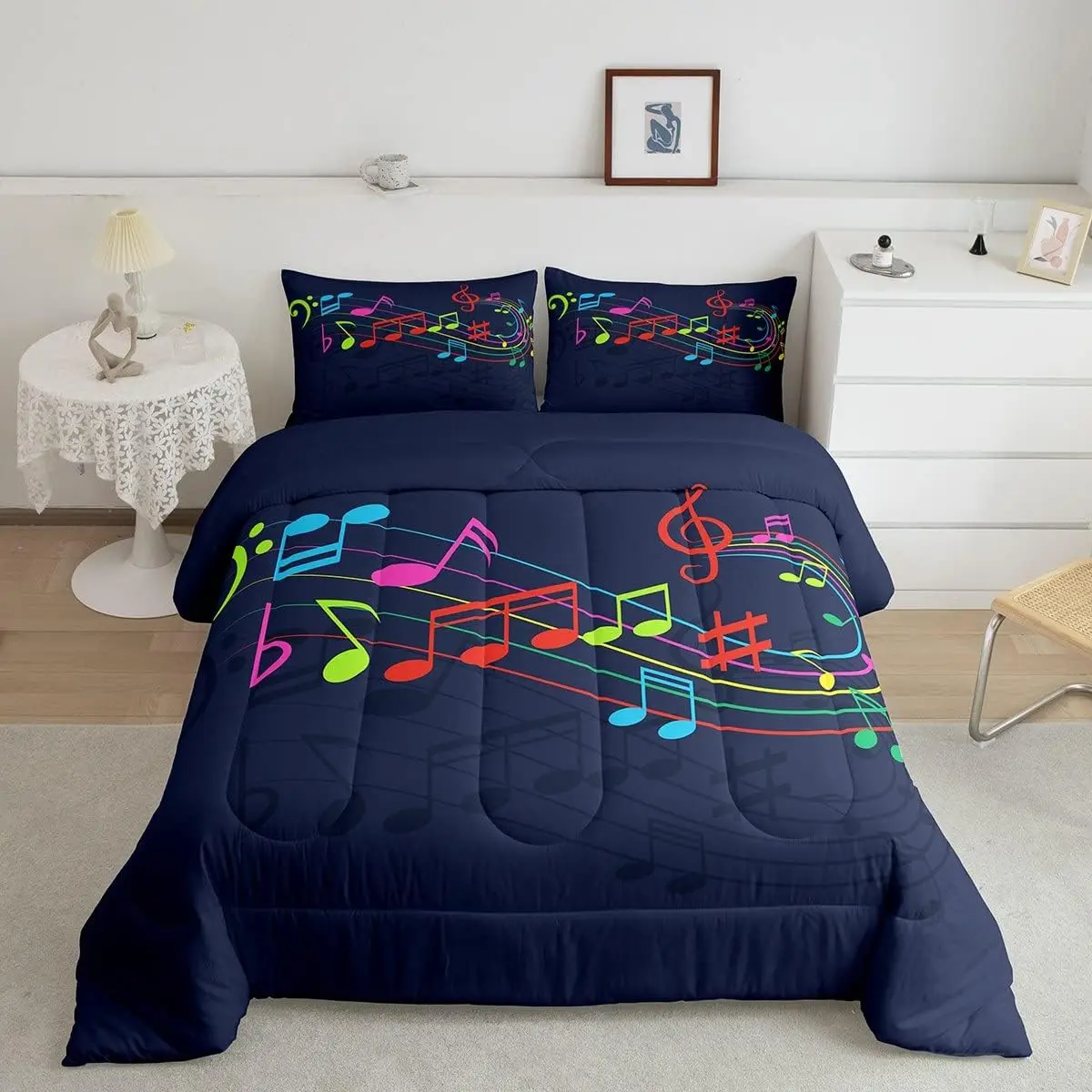 Feelyou Queen Size Soft Quilt Set - 3D Digital Print Music Note, Luxury Breathable Duvet Set, Rainbow Designer Bed Cover, Music Instruments Bedding for Modern Bedroom Decor