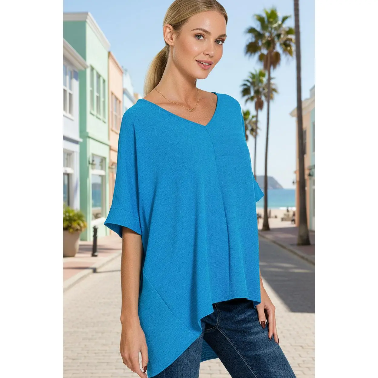 Women's Basic Batwing Sleeve V-Neck Blouse - Soft Airflow Woven Polyester Shirts, Minimalist Design, Approximate 55" Bust, for Casual Everyday Wear, Blouses, Relaxed Fit, Lightweight