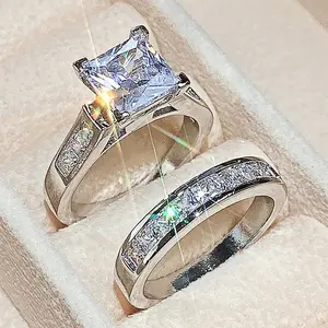 Ladies' Square-Cut Cubic Zirconia Engagement Ring & Wedding Ring Set - Elegant Design for Special Occasions