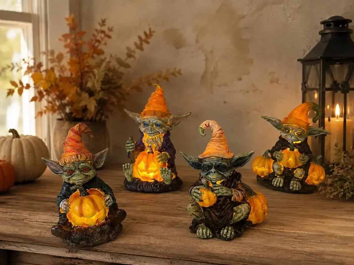 Halloween Goblin & Witch Elf Pumpkin Figurine - Creepy-Cute LED Glowing Monster Statue Set, Spooky Tabletop Decor for Mantle, Bookshelf, Desktop, Unique Fall Fantasy Ornament, Funny Holiday Gift Idea for Fantasy Lovers
