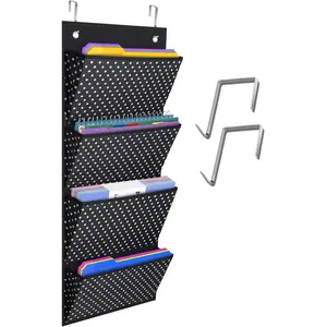 Storage Pocket Chart  File Organizer Wall Mount 13x32 inch 4 Pockets for Office Business School with 2 Hooks Sturdy Polyester 420D Material