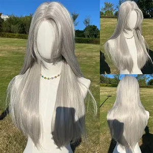 SMILCO/26-inch Light Grey/Pink/Blonde 6*0.5 CM Small Lace Front Long Straight with Bangs Synthetic Wig/SM014