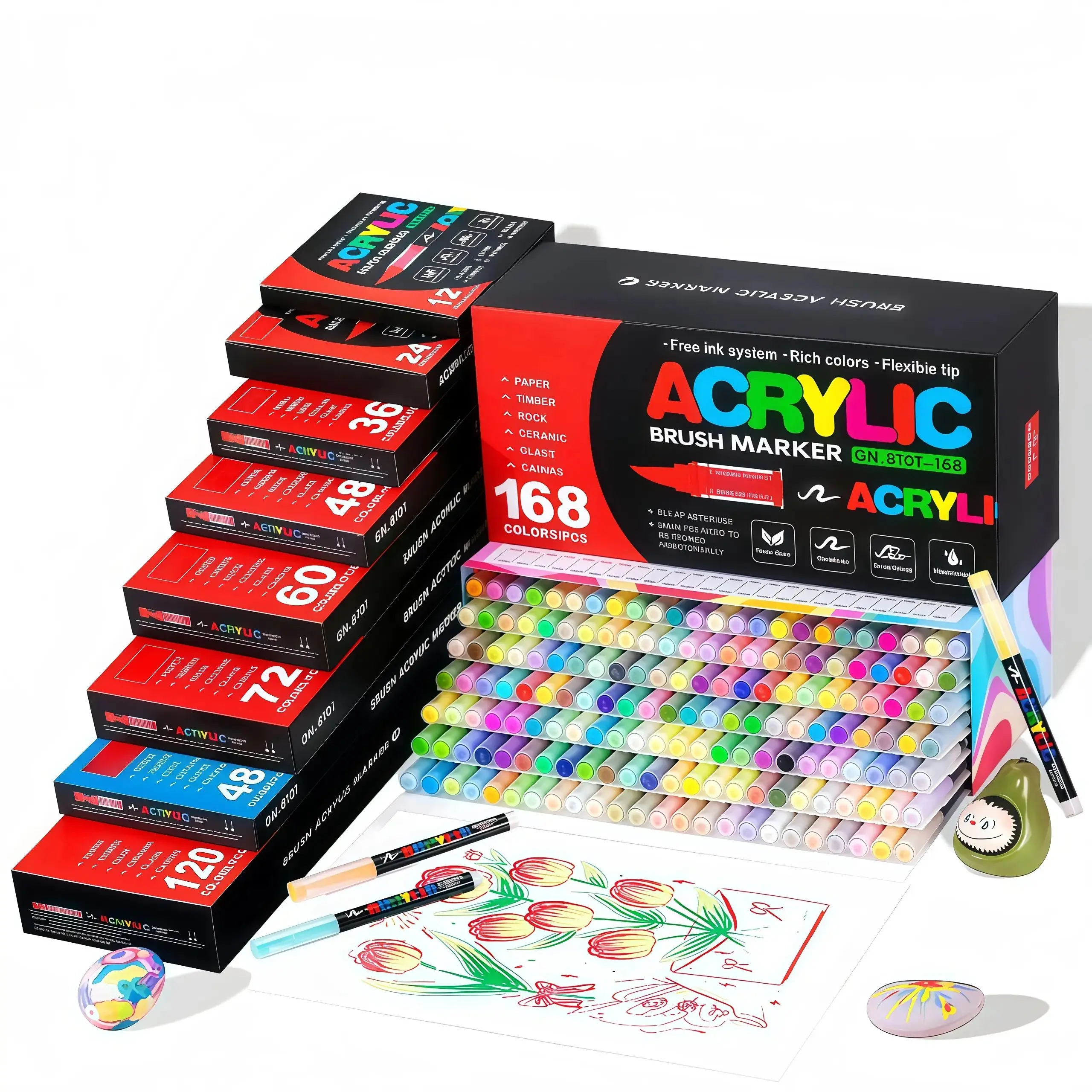 Acrylic Brush Marker Pen, 1 Set Acrylic Painting Pens with Soft Brush Nib, Large-Capacity Odorless Marker Suitable for Artists and DIY Crafts, Waterproof Art Markers for Glass, Stone, Wood, Plastic & Paper, Art Color Set