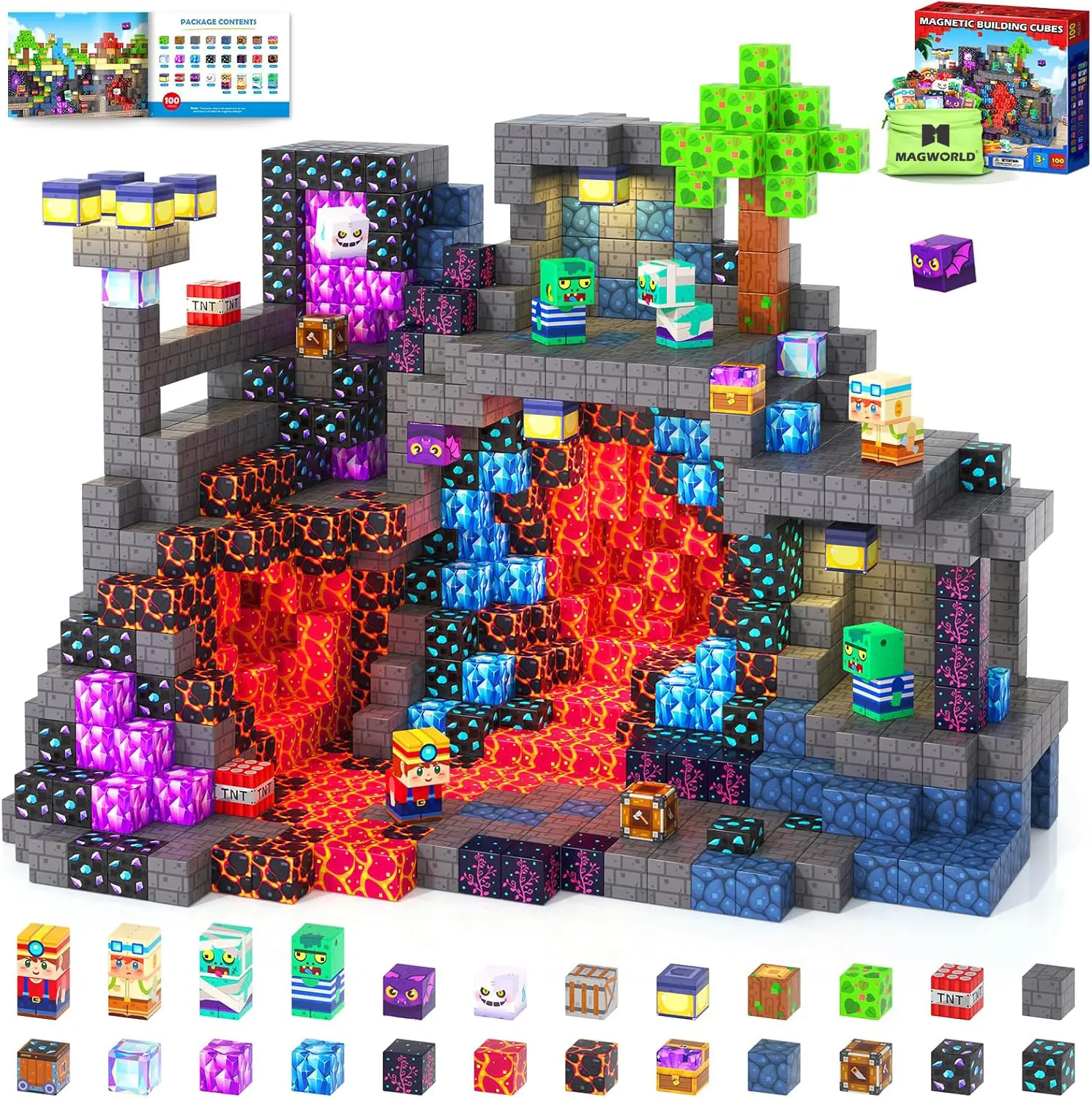 100PCS Magnetic Building Blocks STEM Sensory Games Toys Mine Magnet World Birthday Couple Christmas Gifts for Kids Creative Play