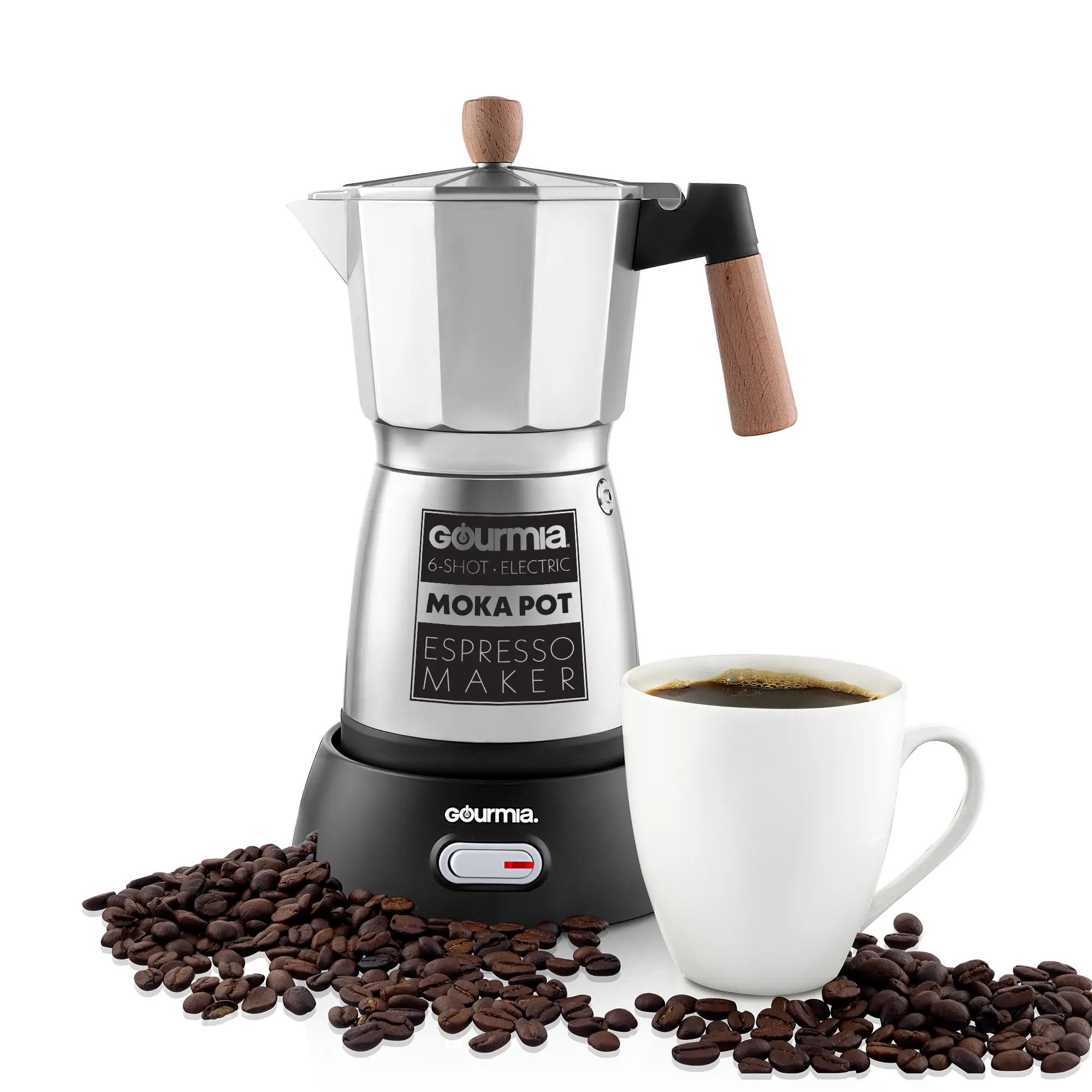 Gourmia Electric Moka Espresso Coffee Maker, 3-6 Cup 550W Silver Compact Cordless Brewing, 360° Swivel Detachable Base, Wood Accent Coffee Equipment