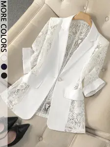 Women's Lace Panel Blazer - Sheer Lace Long Sleeve White Blazer for Office & Going Out | Trendy Quiet Luxury, Elegant, Chic, Viral TikTok Jacket