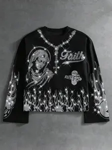 Y2K Macblin Rhinestone Faith Pattern Long Sleeve Statement Top, Waffle Texture Fabric, Saint Mary and Flame Rhinestones, Retro Streetwear