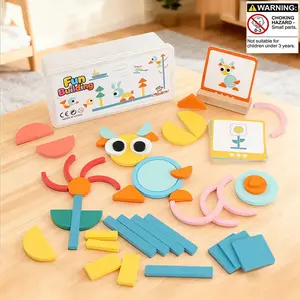 Wooden Tangram Puzzle Set, 47 Geometric Blocks & 25 Dual-Sided Pattern Cards, Includes Plastic Storage Box, Hand-Eye Coordination Training