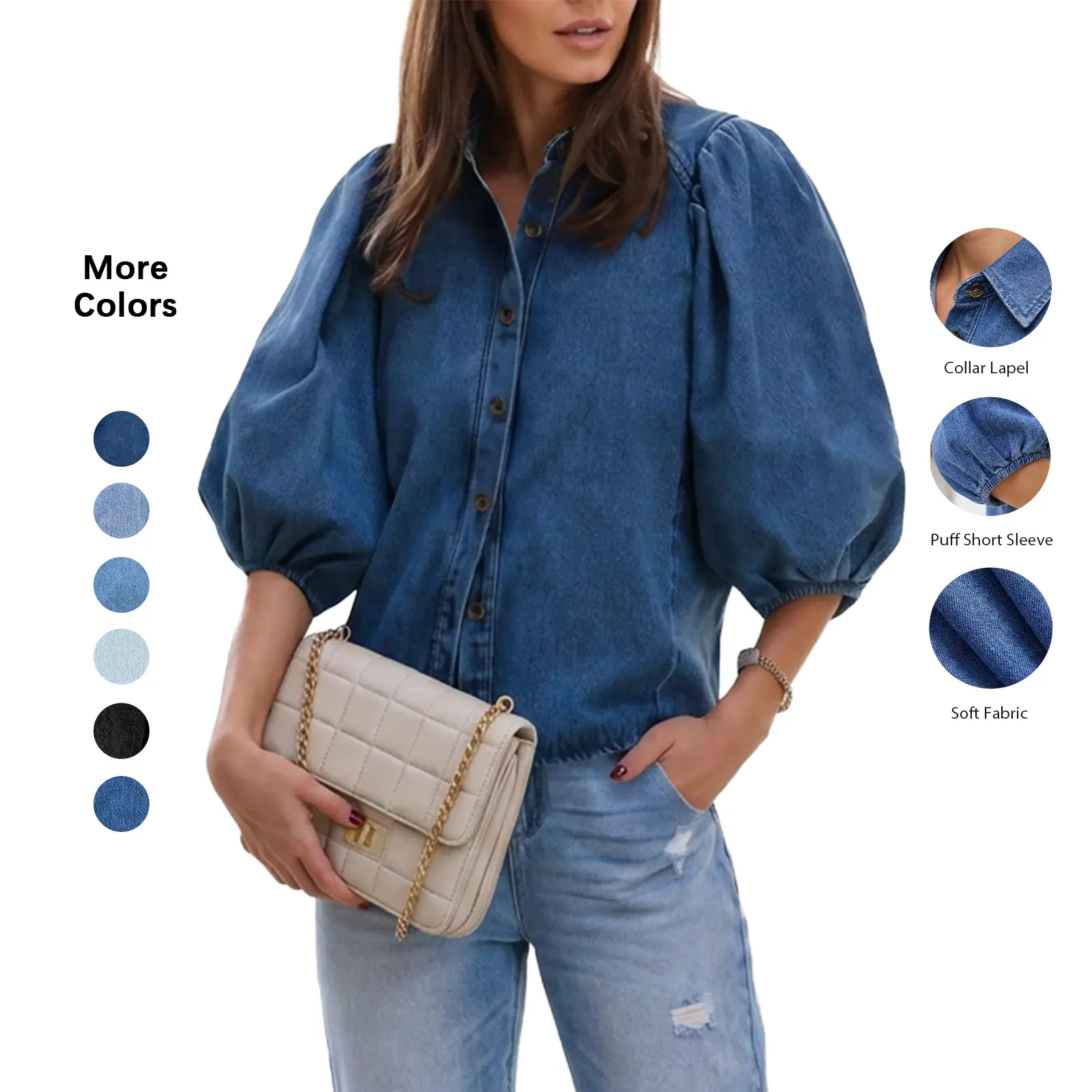 Flowyair Women's Cropped Denim Shacket - Puff Short Sleeves, Button-Down, Casual Basic Top & Coat, Cotton-Polyester Fabric