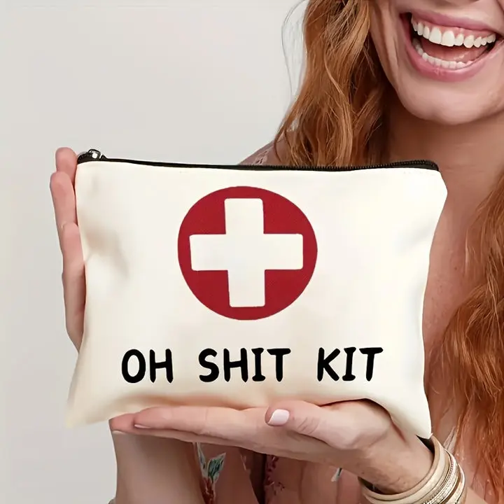 Oh Sh*t Kit Travel Pouch, Funny Emergency Toiletry Bag with First Aid Style Cross, Gag Gift Organizer for Travel and Purse