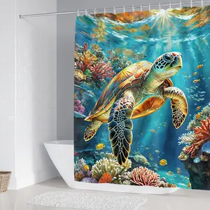 1/4 piece deep sea turtle design bathroom set, including soft floor mat, toilet seat cushion, shower curtain, creating elegant decoration, home decor, floor mat with good rebound, water absorption, anti slip, preferred gift giving option