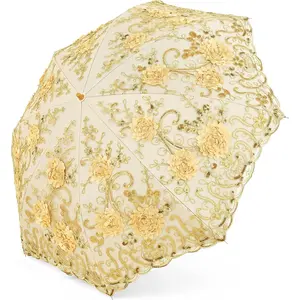 Lace Parasol Ultraviolet-Folding Umbrella UPF50+ Vintage Flower Embroidery Umbrella for Wedding and Photo Shooting