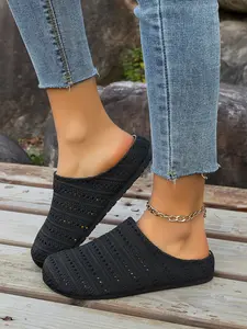 French Style Textile Knitted Hollow Out Breathable Open Toe Half Slippers for Women, Summer Outdoor Thick Sole Mules Shoes