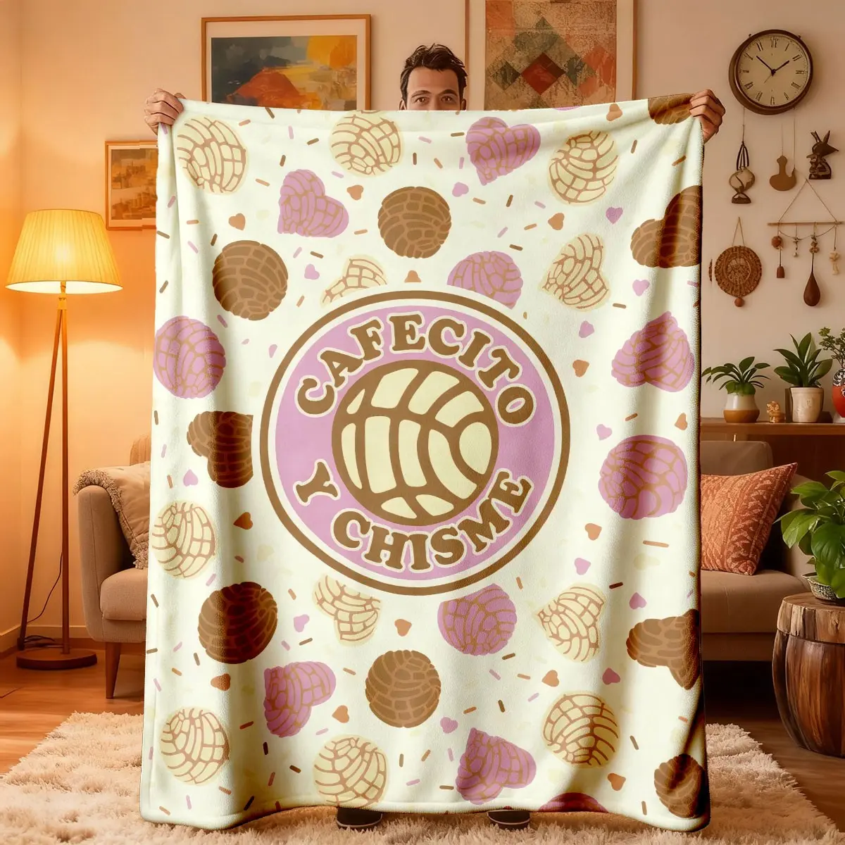 Mexican Colorful Concha Bread Cafecito Y Chisme Themed Fleece Blanket, Soft and Lightweight for Bedroom and Travel, Cozy for All Seasons