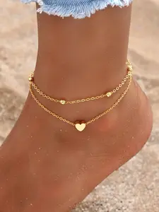 Women's Heart Design Anklet, Dainty Layered Anklet, Fashionable Barefoot Sandals for Beach Party Vacation, Casual Trendy Body Jewelry for Women & Girls, Adjustable Anklet