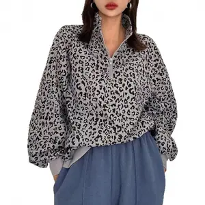 Women’s Casual Zip-Front Long-Sleeve Leopard Print Sweatshirt – Stylish, Comfortable, Medium Fit, Autumn Wear