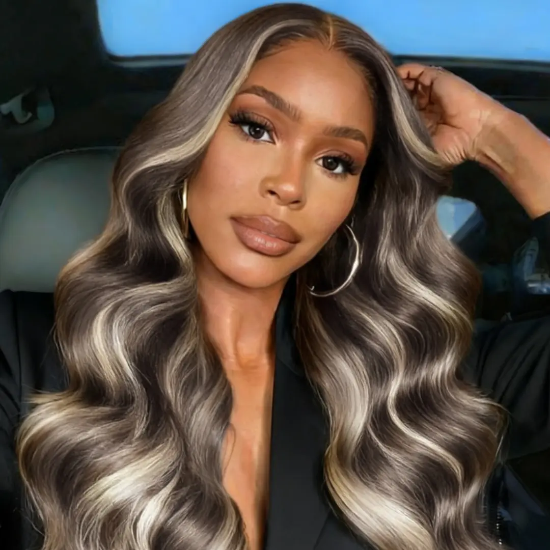 Sunber 13x4 HD Lace Front Wig Pre-Everything Glueless Human Hair Body Wave Wig, Dark Brown Ash Brown Balayage with Platinum Blonde Highlights, Ready to Wear Wigs