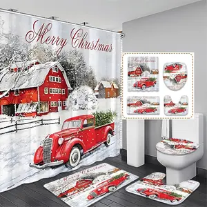 1/4pcs Christmas Truck Shower Curtain Set, Waterproof Fabric Bath Curtain with Hooks, Includes Mat & Toilet Lid Cover, Perfect Holiday Gift, Bathroom Decoration Accessories