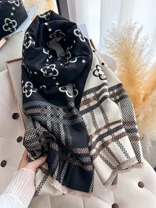 Women's Faux Wool Scarf with Leaf & Plaid Pattern, Warm Thick Winter Accessory, Elegant Fashion for Fall & Winter