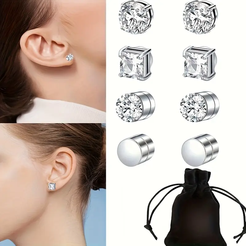 4 Pairs Stainless Steel Stud Earrings with Cubic Zirconia, Non-Piercing Clip-On Fake Piercings for Men & Women, Hypoallergenic Jewelry Set, Men's Earrings
