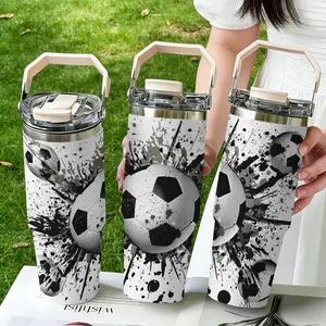 30oz Stainless Steel Handheld Water Bottle, Football Print Design, Dual-Layer Vacuum Insulated, Portable Travel Cup with Lid