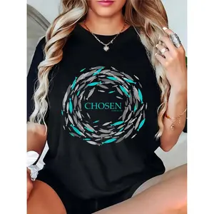 Women's Black T-Shirt with Fish School & "CHOSEN" Luke 5:1-10 Graphic, Casual Daily Beachwear for Ladies 100% Cotton T-shirt