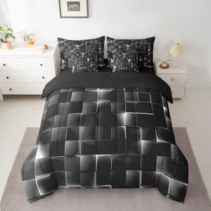 Silver and Black Comforter Set with Sheets,7 Piece Light Geometric Bed in A Bag,Modern Style Bed Set Microfiber Bedding Set