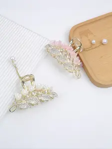 2pcs Elegant Metal Rhinestone Bellflower Hair Claw Clips, Goddess Hair Clip, Pearl Pendant Shark Clip for Daily Commute and Casual Parties