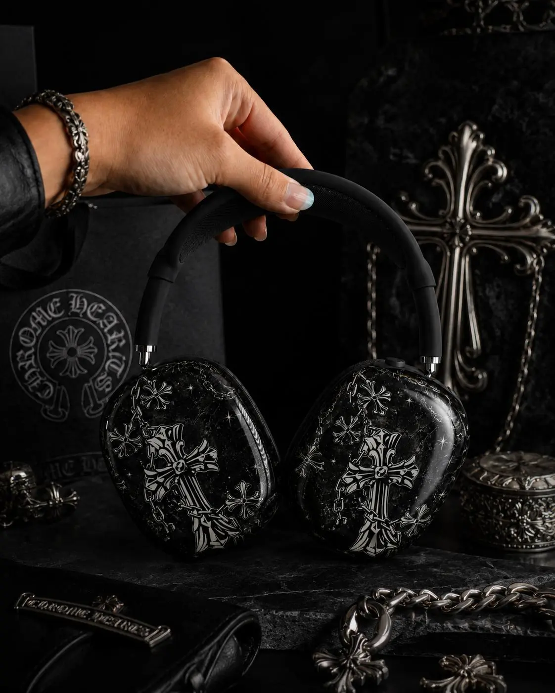 Gothic Cross AirPods Max Cover – Black Luxury Punk Headphone Case, Metallic Cross Protective Ear Cup Cover
