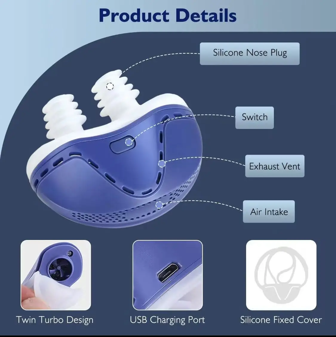 Electric Anti Snoring Device, Rechargeable Nasal Airflow Vent, Twin Turbo Silent Sleep Aid Nasal Dilator for Men Women, USB Charging Portable Snore Relief Device