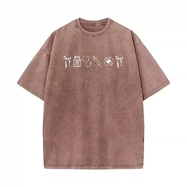 Women's Comfortable Oversized Classic Crew Acid-Wash Cotton Short Sleeve T-Shirt - Nurse Medical Coquette Bow Print, Relaxed Fit Healthcare Worker Minimalist Faith-Based Top, Valentine's Day Nurse Appreciation Gift, Line Art Print, Premium Cotton
