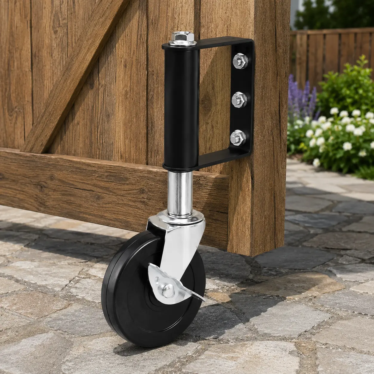 Heavy Duty Gate Support Wheel with Brake, 4 Inch Spring Loaded 360° Swivel Caster, 3-Hole Mounting Bracket for Wooden Gates & Fences, 220 lb Capacity