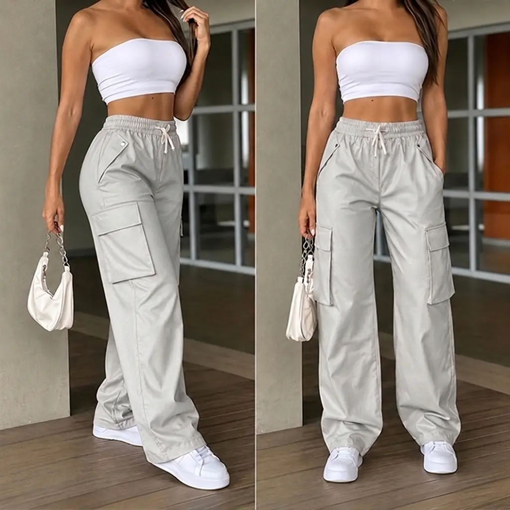 Women’s long cargo pants with large-capacity pockets, diagonally placed top pocket, studded design, full-length outdoor workwear, no belt included, suitable for casual wear in all seasons, not compatible with other clothing items.