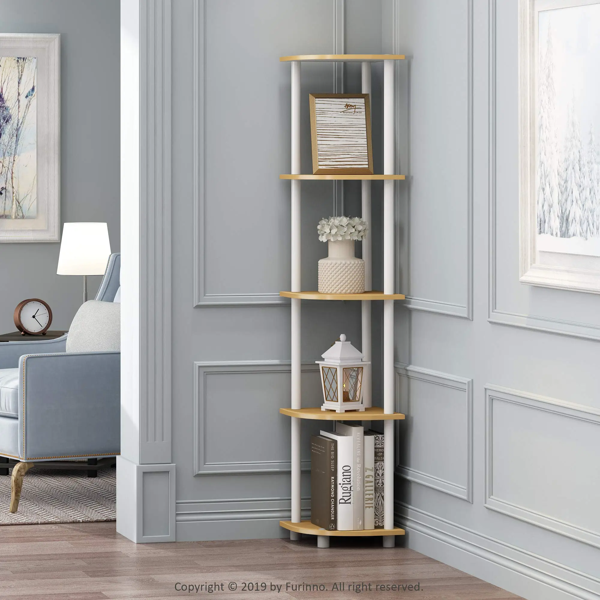 HOMLUX Turn-N-Tube 5-Tier Corner Display Rack – Beech/White, Multipurpose Shelving for Kitchen & Decor