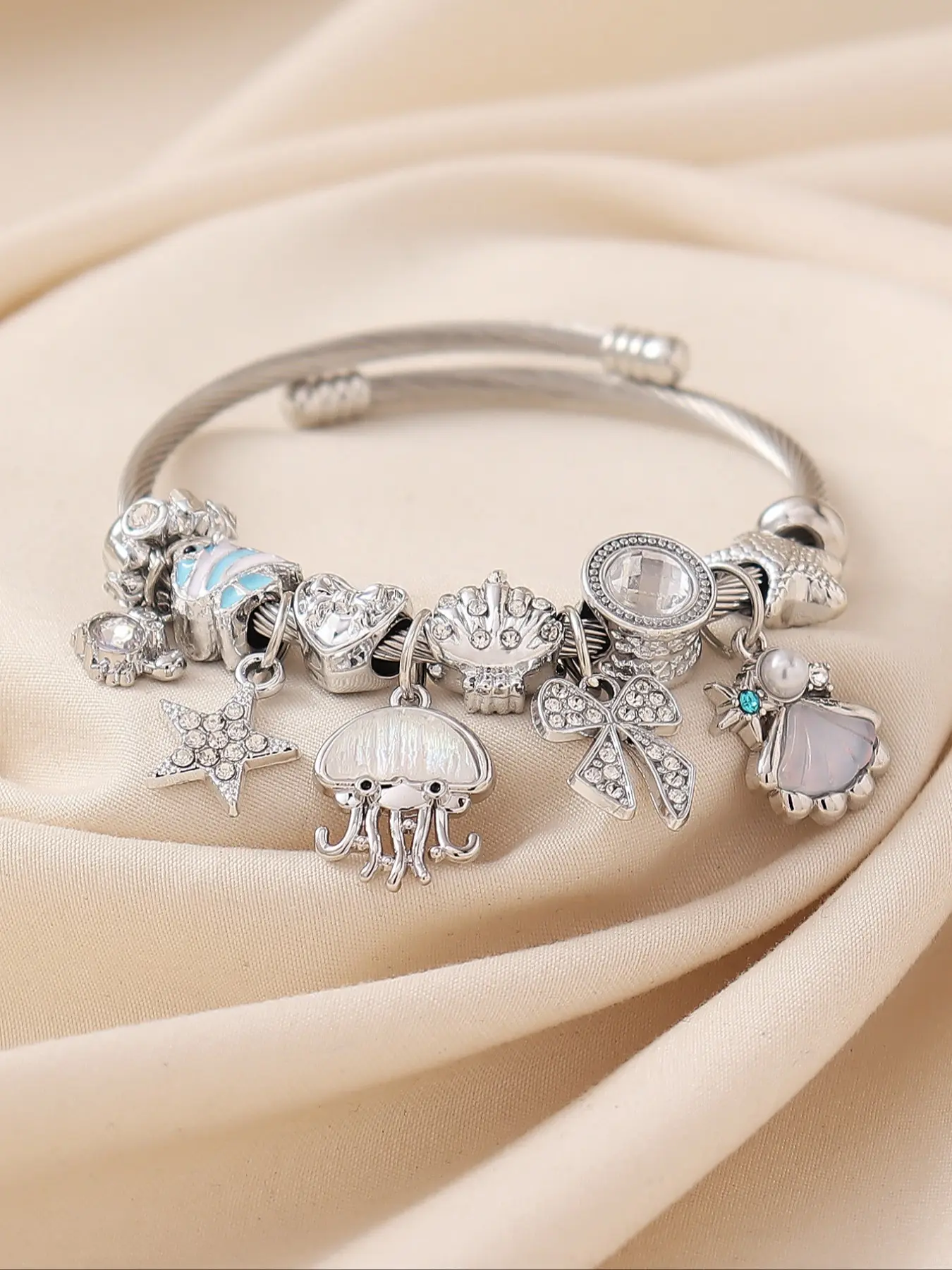 Cute Ocean Wind Shell Octopus Bow Crab Pendant Beaded Stainless Steel Bracelet, Elegant Clownfish Starfish Heart Large Hole Pearl DIY Bangle, Stackable Bracelets